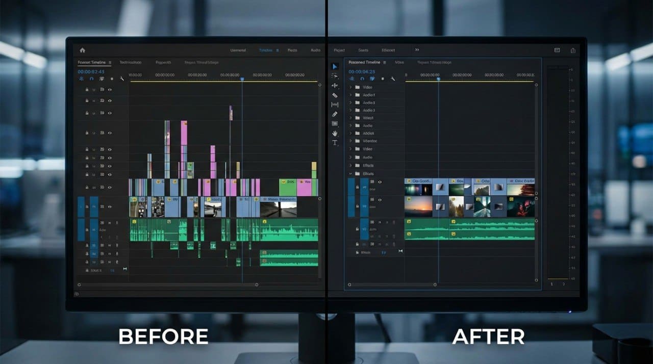 Before and after comparison of video editing software on a dual-monitor setup.