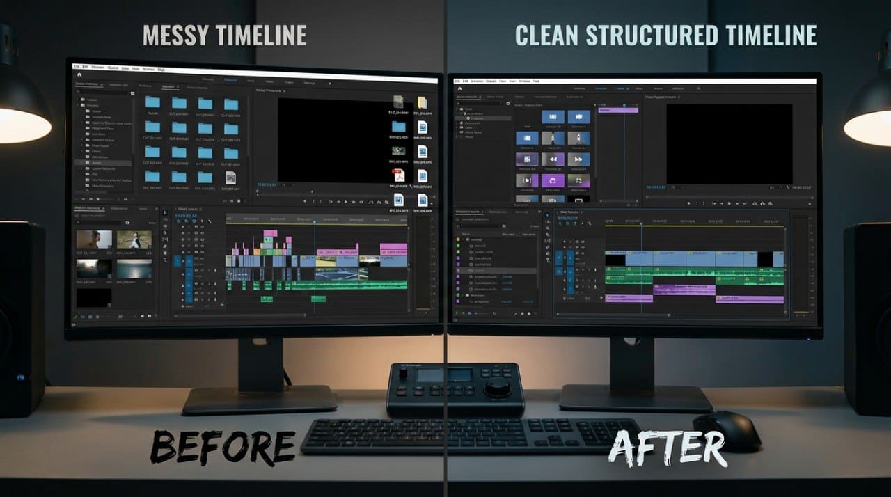 Two computer monitors showing a comparison between a messy timeline on the left and a clean structured timeline on the right, with 'Before' and 'After' labels.