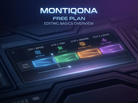 Montiqona software interface with step-by-step editing process on a dark background
