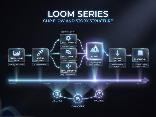 Flowchart of Loom Series clip flow and story structure on a dark background