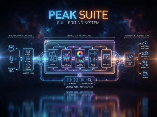 Diagram of Peak Suite full editing system with colorful interface on a dark background