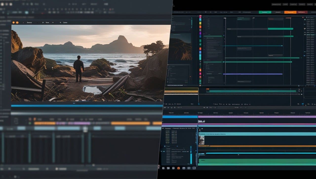 Video editing software interface with a scenic landscape and timeline.