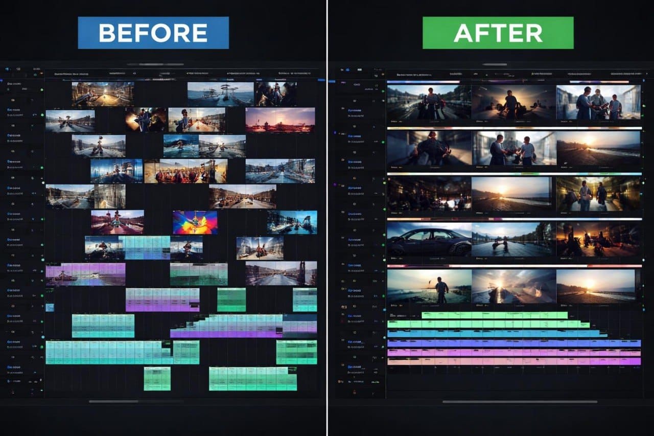 Before and after comparison of a video editing software interface with project timelines.