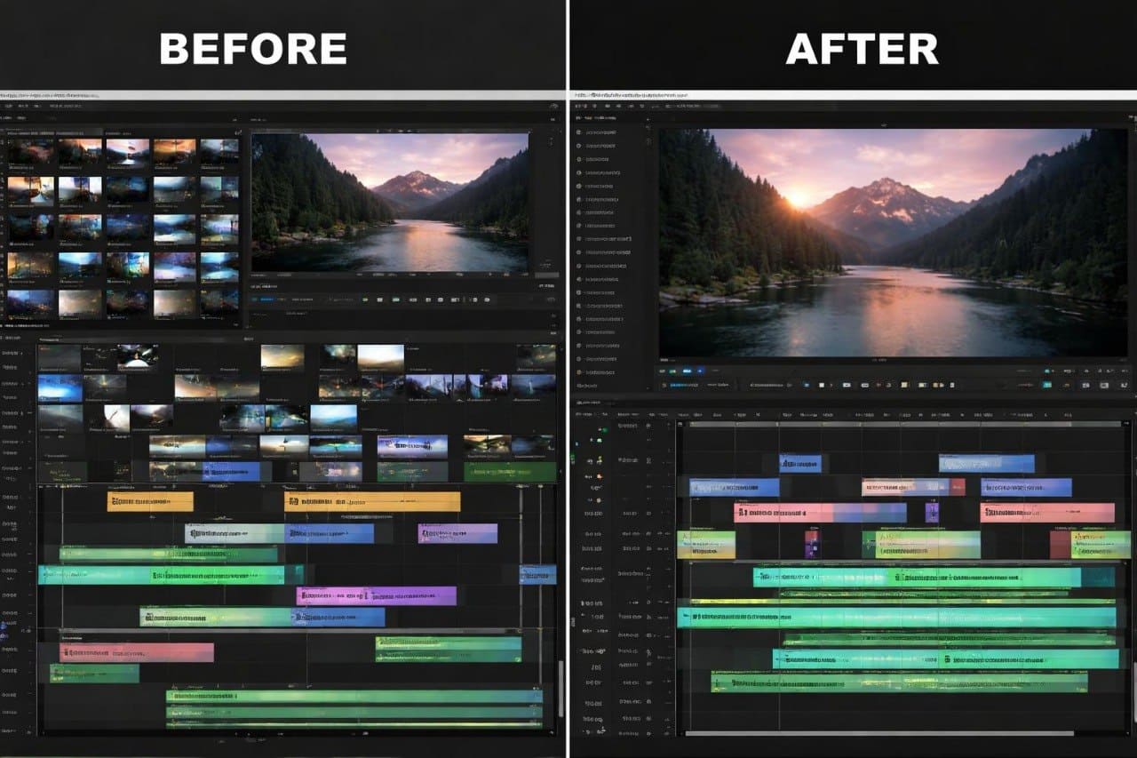 Before and after comparison of a video editing software interface with a scenic river and mountain landscape.