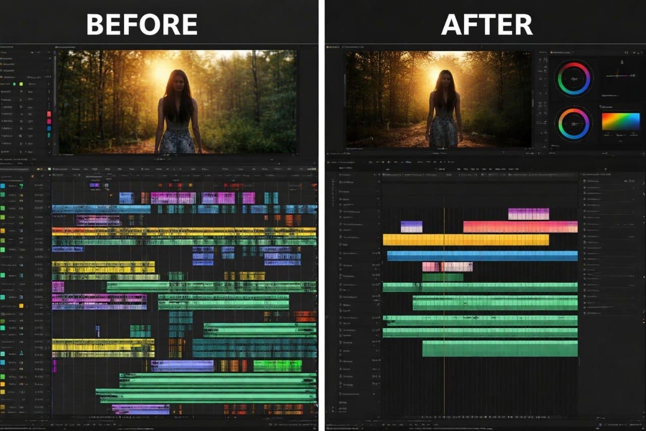 Before and after comparison of a video editing software interface with a person in a forest.