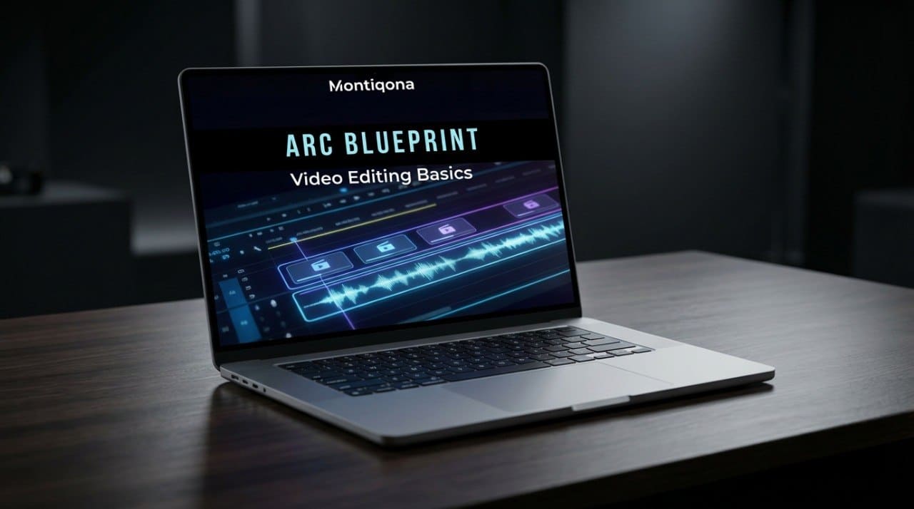 Laptop on a wooden table displaying 'Montiqona ARC Blueprint Video Editing Basics' on a dark background