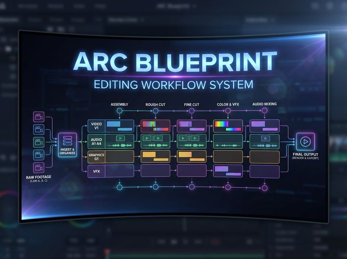 Diagram of an editing workflow system with 'ARC Blueprint' text on a dark background