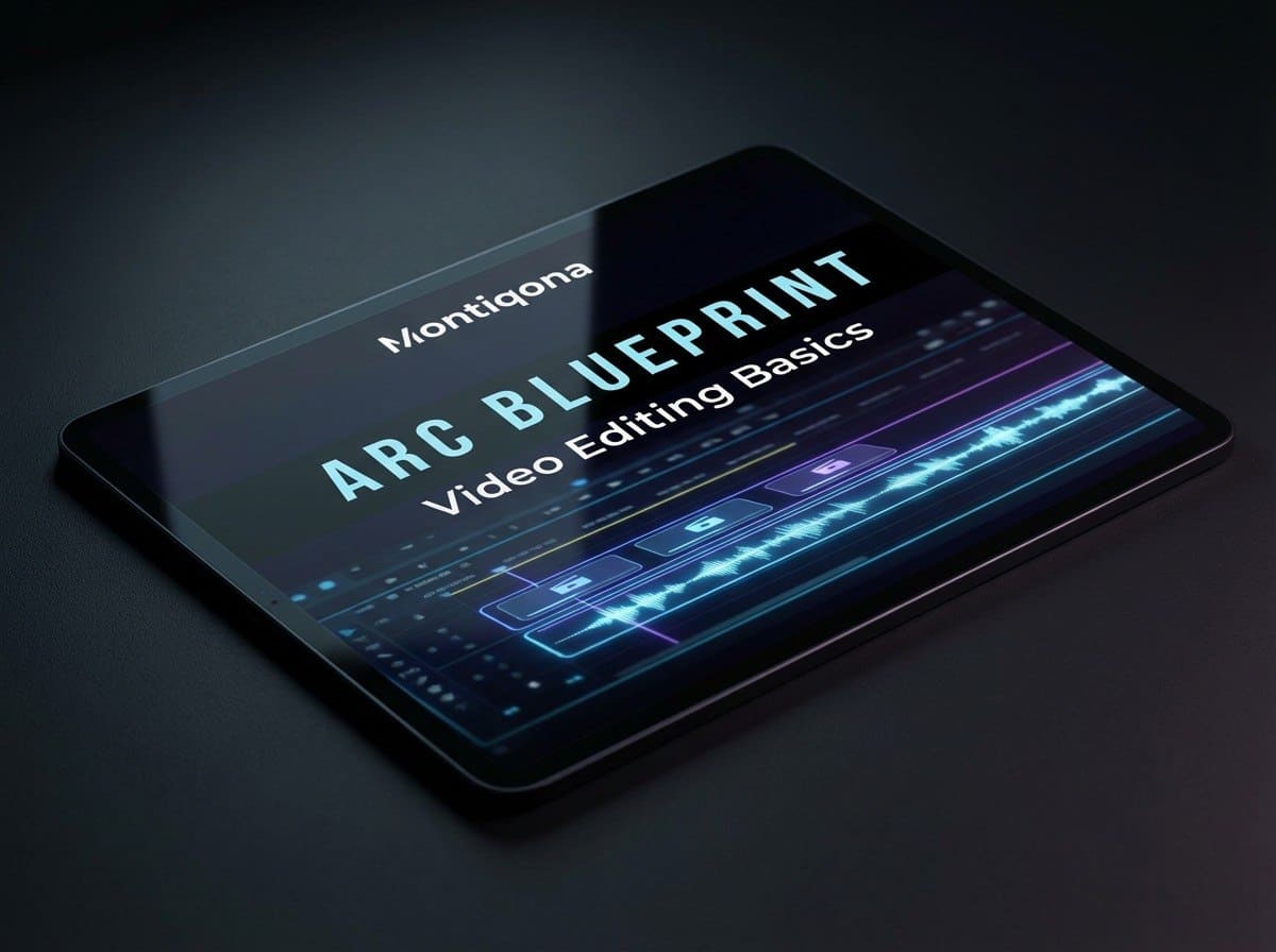 Tablet displaying 'Montiqona Arc Blueprint Video Editing Basics' on a dark background