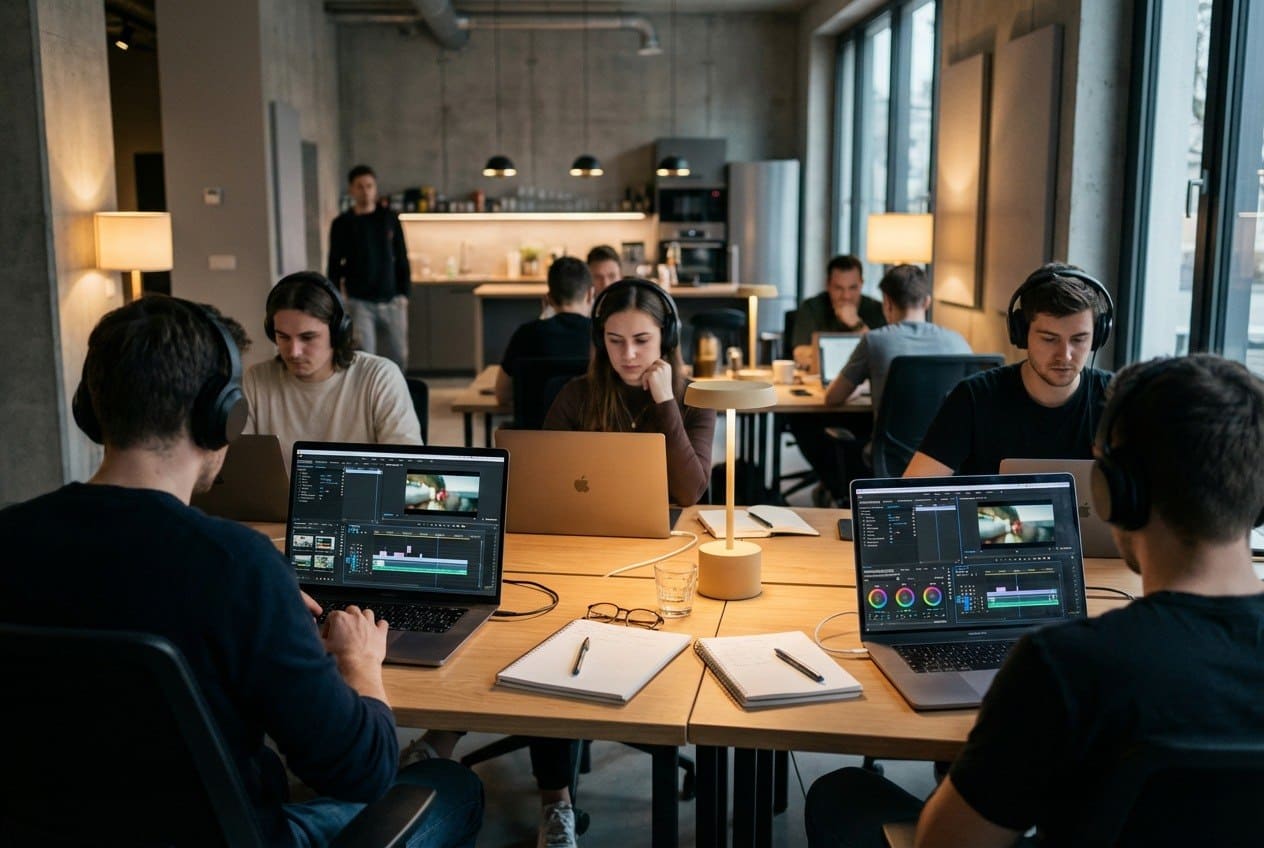 Group of people working on computers in a modern office setting