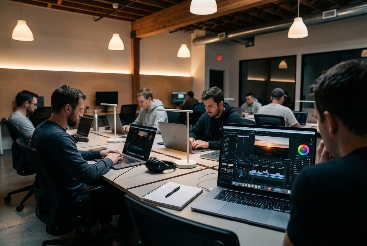 People working on laptops in a modern office setting