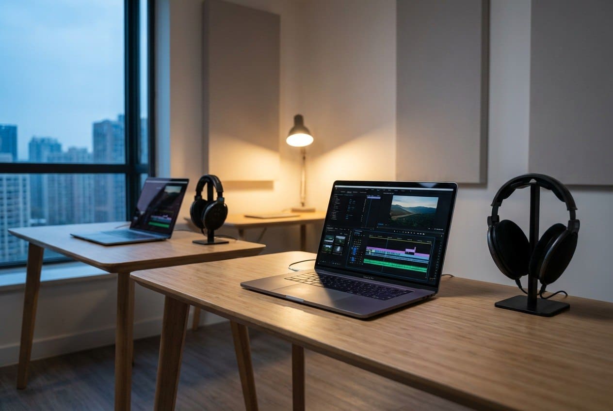 Modern home office with a desk, laptop, headphones, and city view.