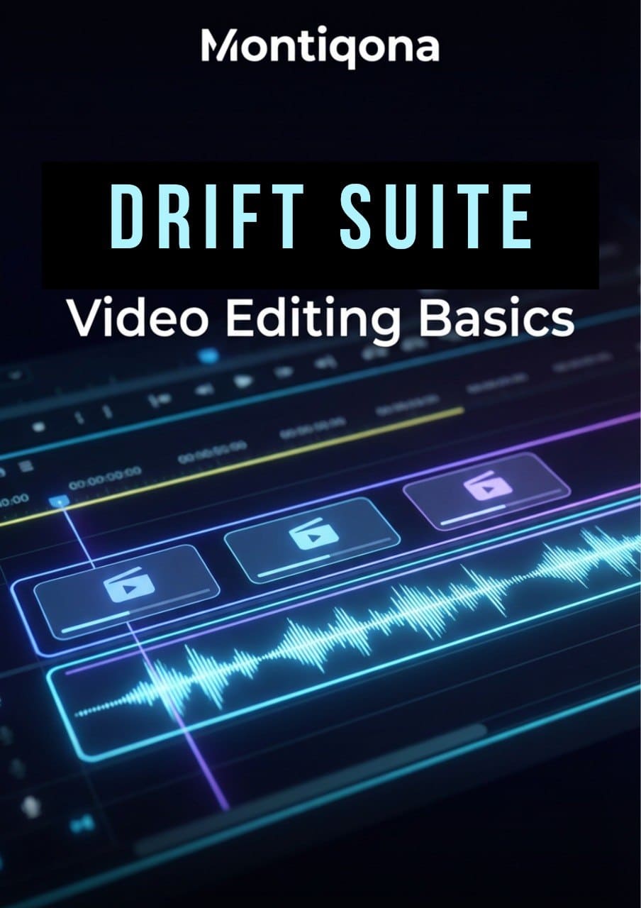 Montiqona Drift Suite video editing basics course cover with video editing software interface.