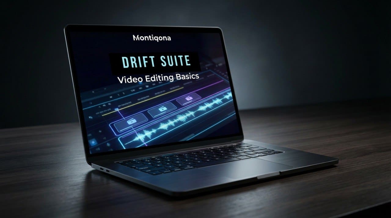 Laptop displaying Montigua Drift Suite video editing software on a dark surface