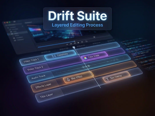 Drift Suite software interface with layered editing process on a dark background