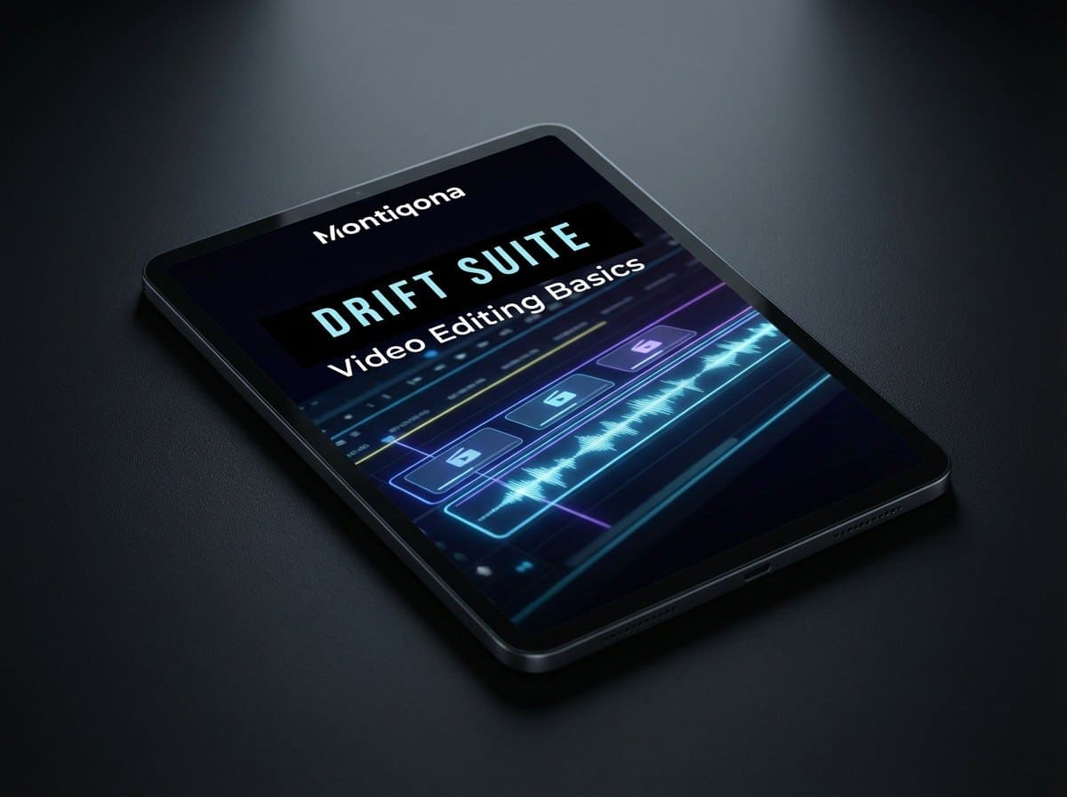 Tablet displaying Montiqona Drift Suite video editing software on a dark background