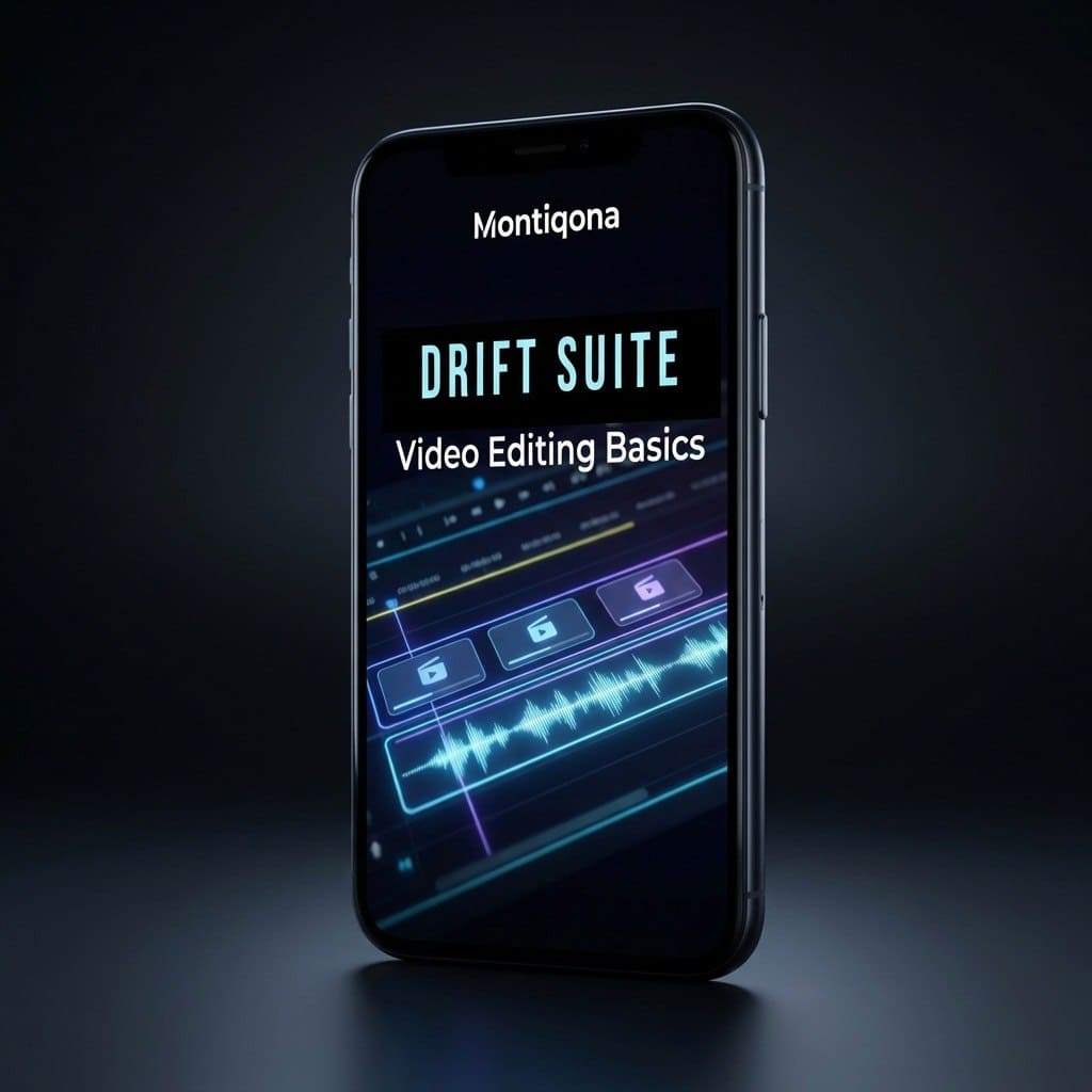 Smartphone displaying 'Montiqona Drift Suite Video Editing Basics' on a dark background