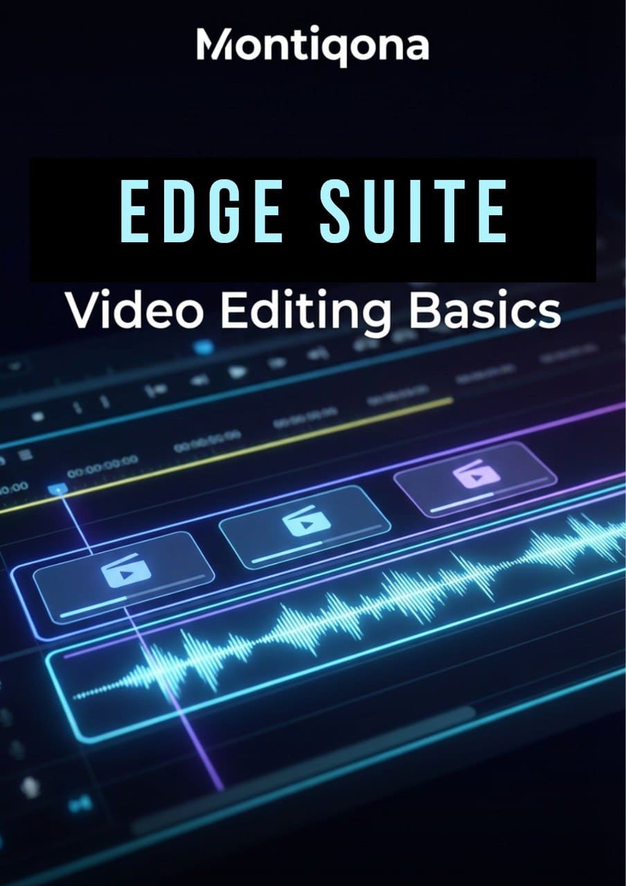 Montiqona Edge Suite video editing basics course cover with a digital audio waveform on a dark background.