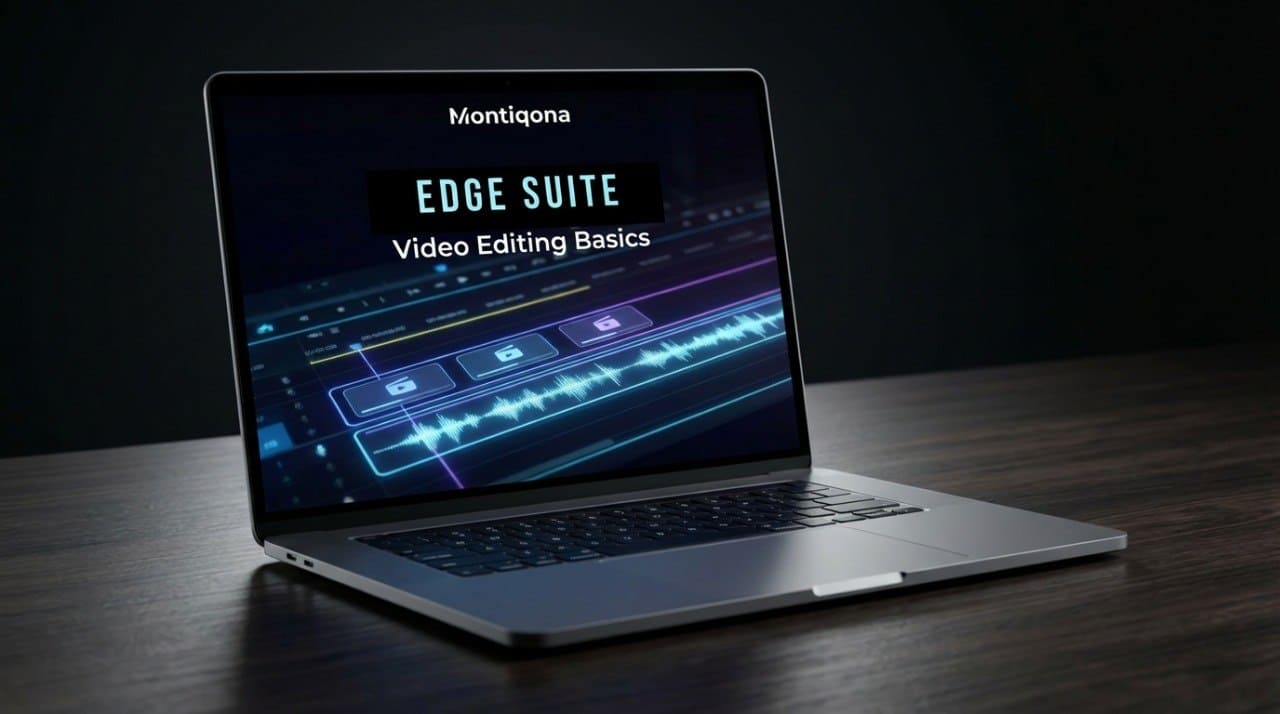 Laptop displaying Montiqona Edge Suite Video Editing Basics on a dark surface