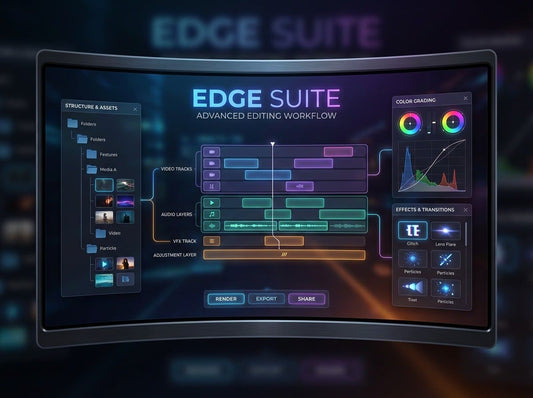 Computer screen displaying the Edge Suite software interface with various editing tools and panels.