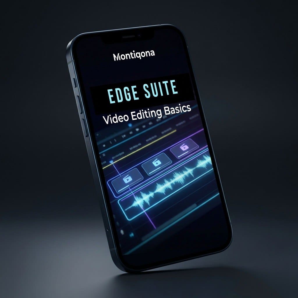 Phone displaying Montiqona Edge Suite video editing software on a dark background
