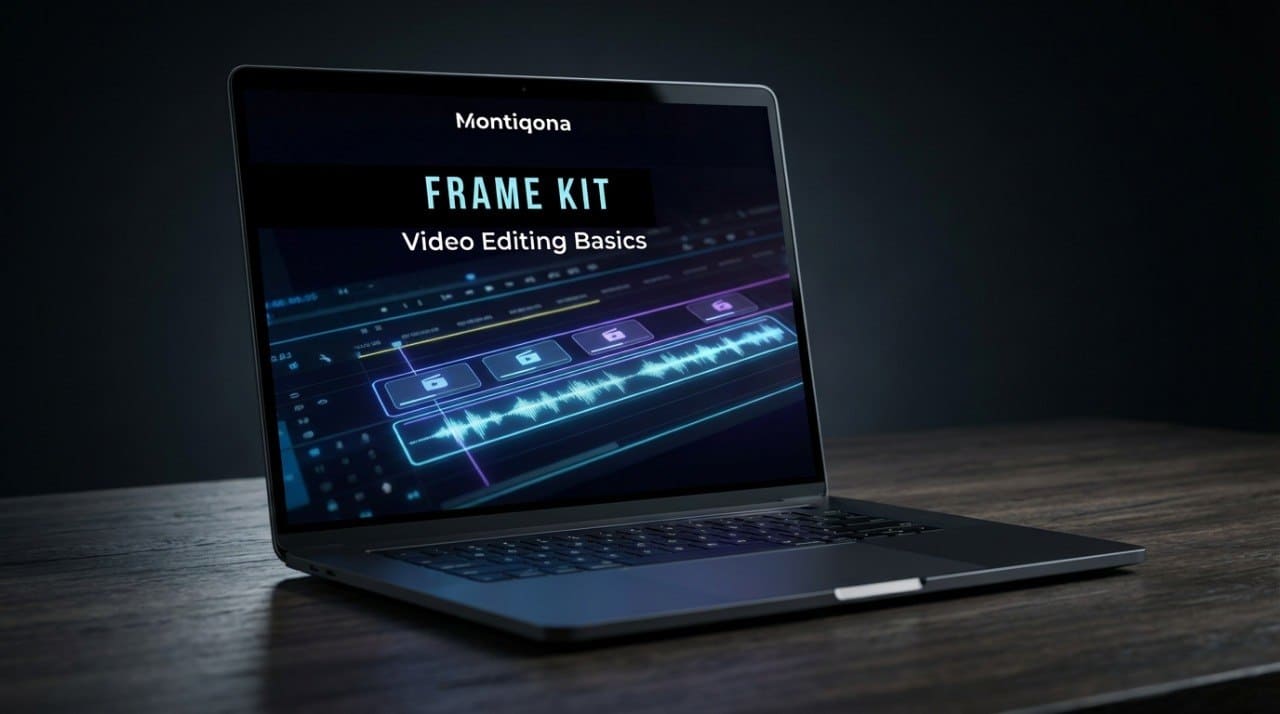 Laptop displaying 'Montiqona Frame Kit Video Editing Basics' on a dark surface