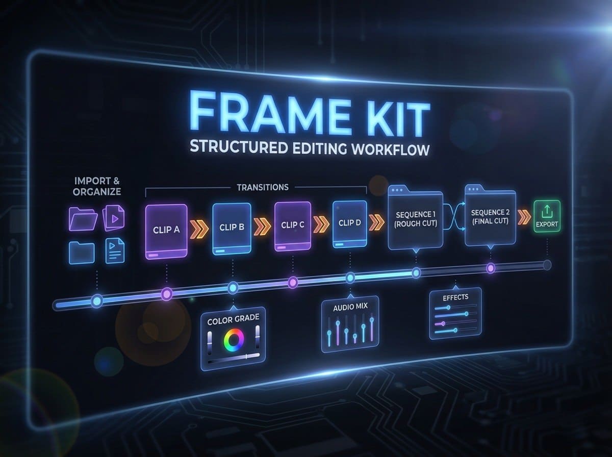 Digital interface of a frame kit with structured editing workflow on a dark background
