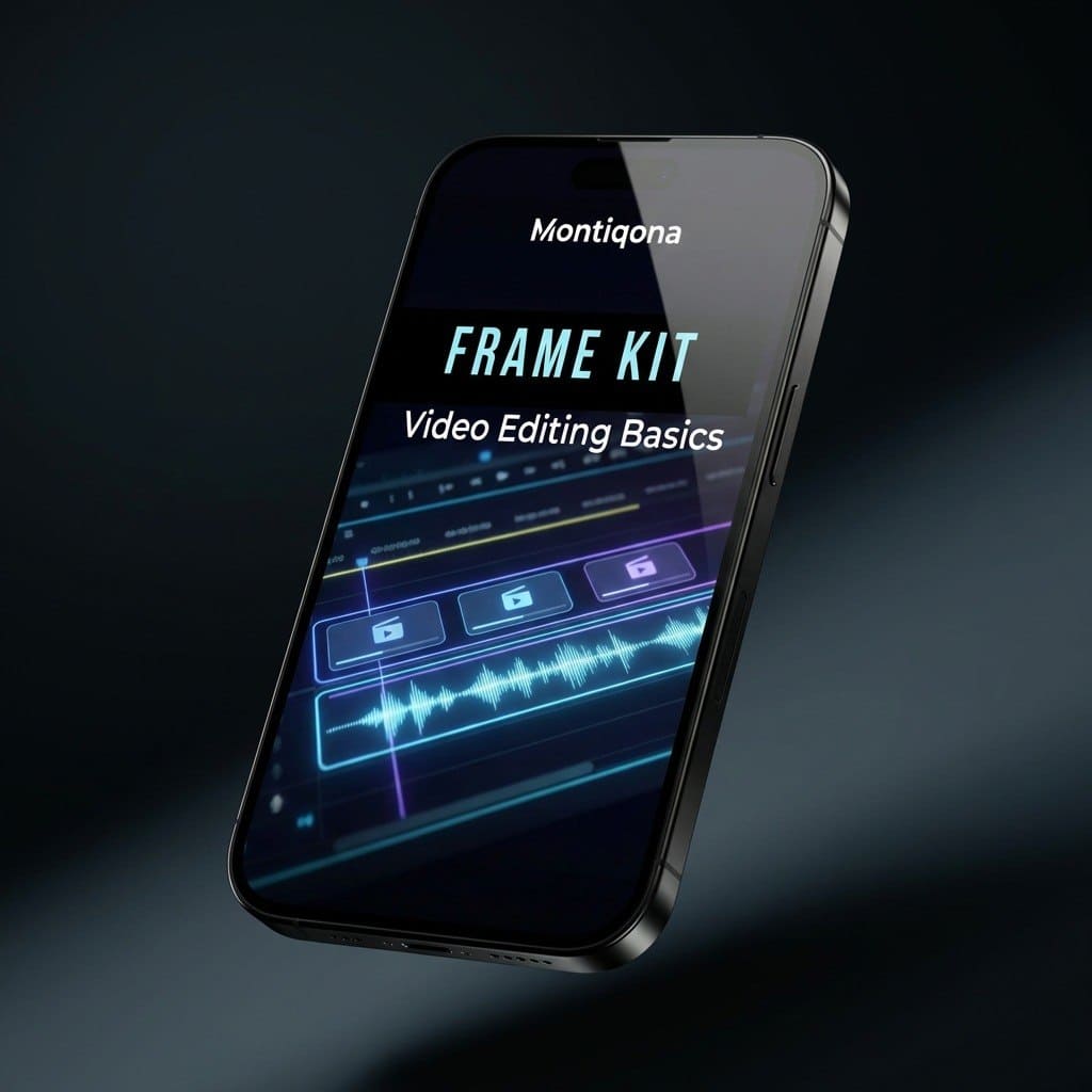 Smartphone displaying 'Montiqona Frame Kit Video Editing Basics' on a dark background