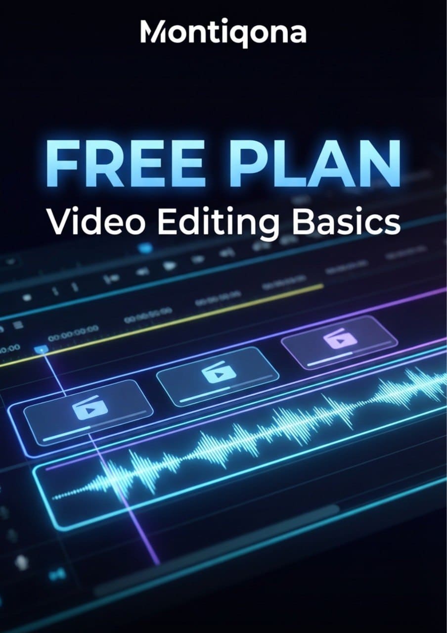 Montiqona video editing software interface with text about a free plan.