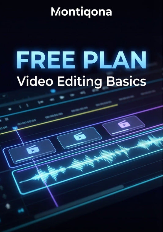 Montiqona video editing software interface with text about a free plan.