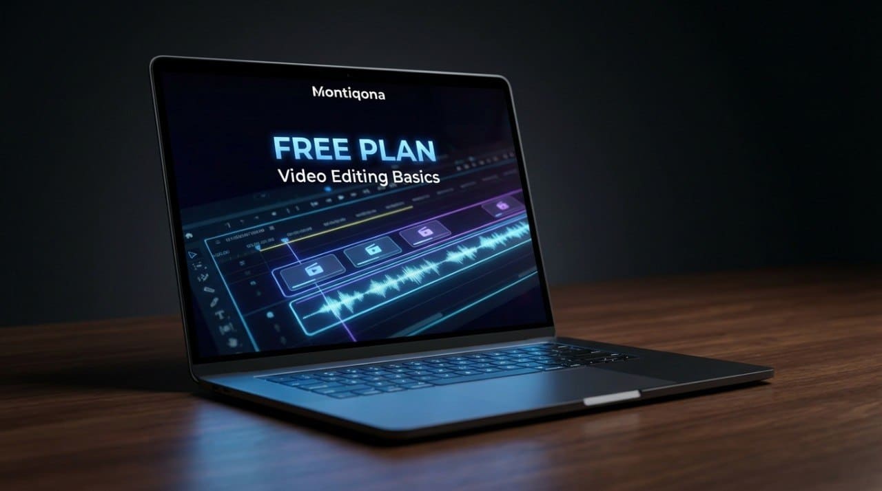 Laptop displaying Montiqona video editing software on a dark background