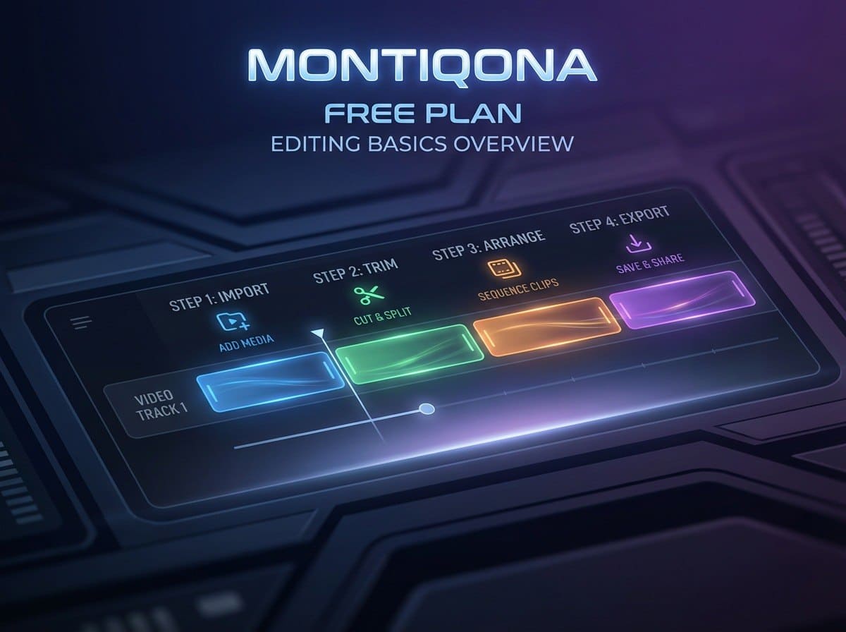 Montiqona software interface with step-by-step editing process on a dark background
