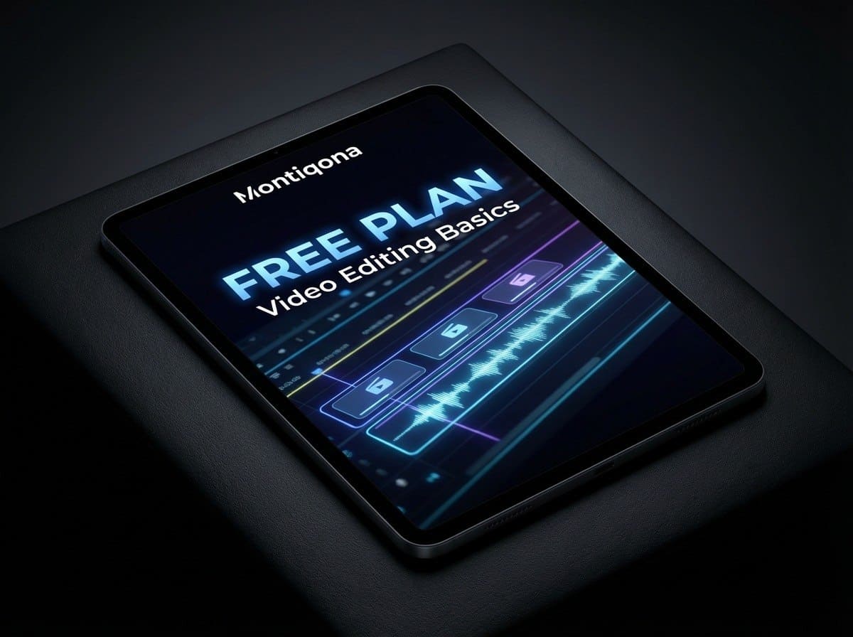 Tablet displaying a video editing app with 'Montiqona' branding on a dark background