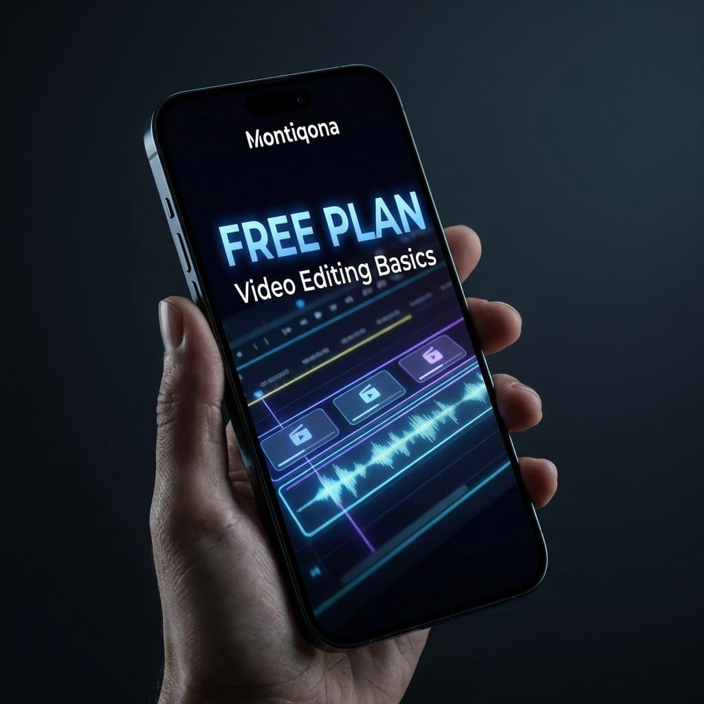 Hand holding a smartphone displaying video editing course with 'Montiqona' branding.
