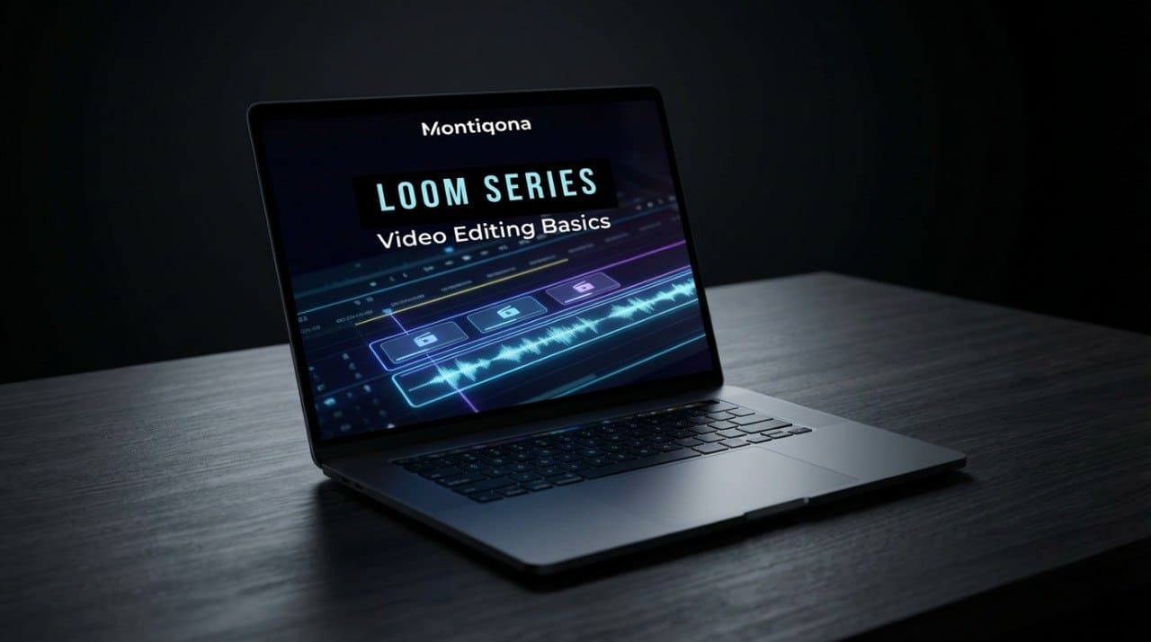 Laptop on a dark surface displaying 'Montiqona Loom Series Video Editing Basics' on a screen.