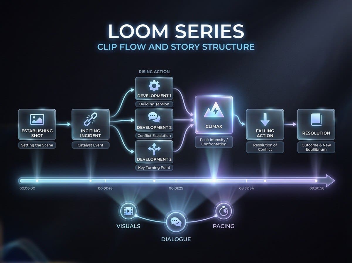 Flowchart of Loom Series clip flow and story structure on a dark background