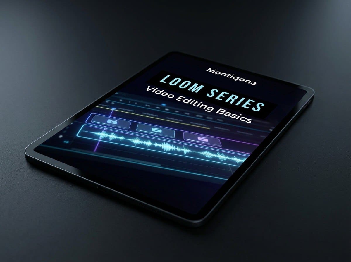 Tablet displaying 'Montiqona Loom Series Video Editing Basics' on a dark background