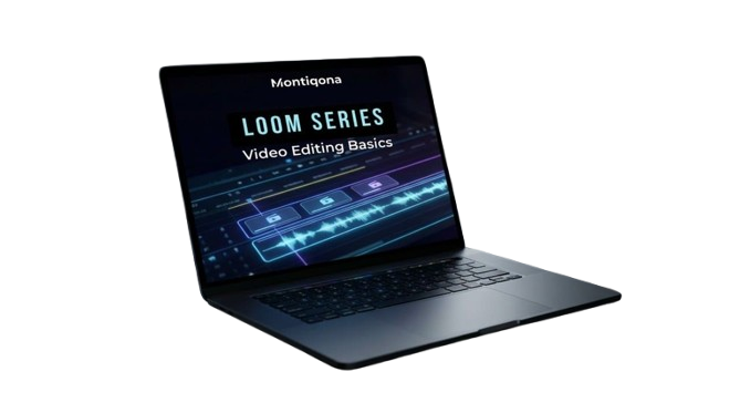 Laptop displaying 'Montiqona Loom Series Video Editing Basics' on a white background