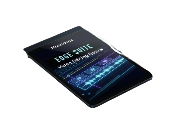 Montiqona Edge Suite video editing software on a tablet screen with a white background