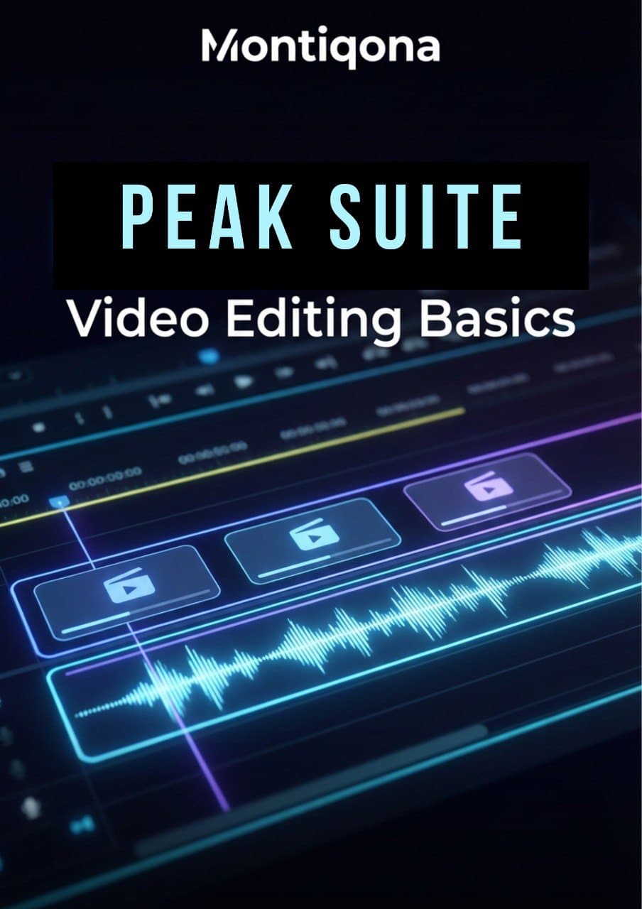 Montiqona Peak Suite video editing software interface with waveform and timeline on a dark background