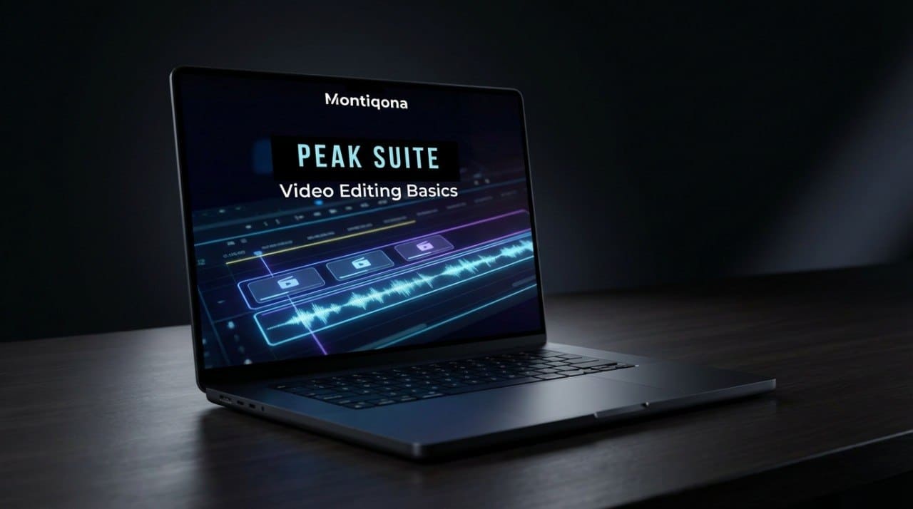 Laptop displaying Montiqona Peak Suite Video Editing Basics on a dark background
