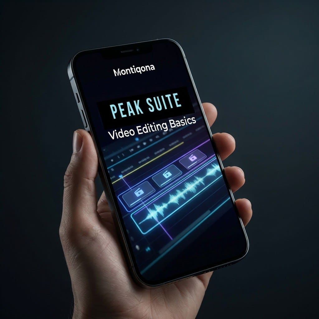 Hand holding a smartphone displaying Montiqona PEAK SUITE Video Editing Basics on a dark background