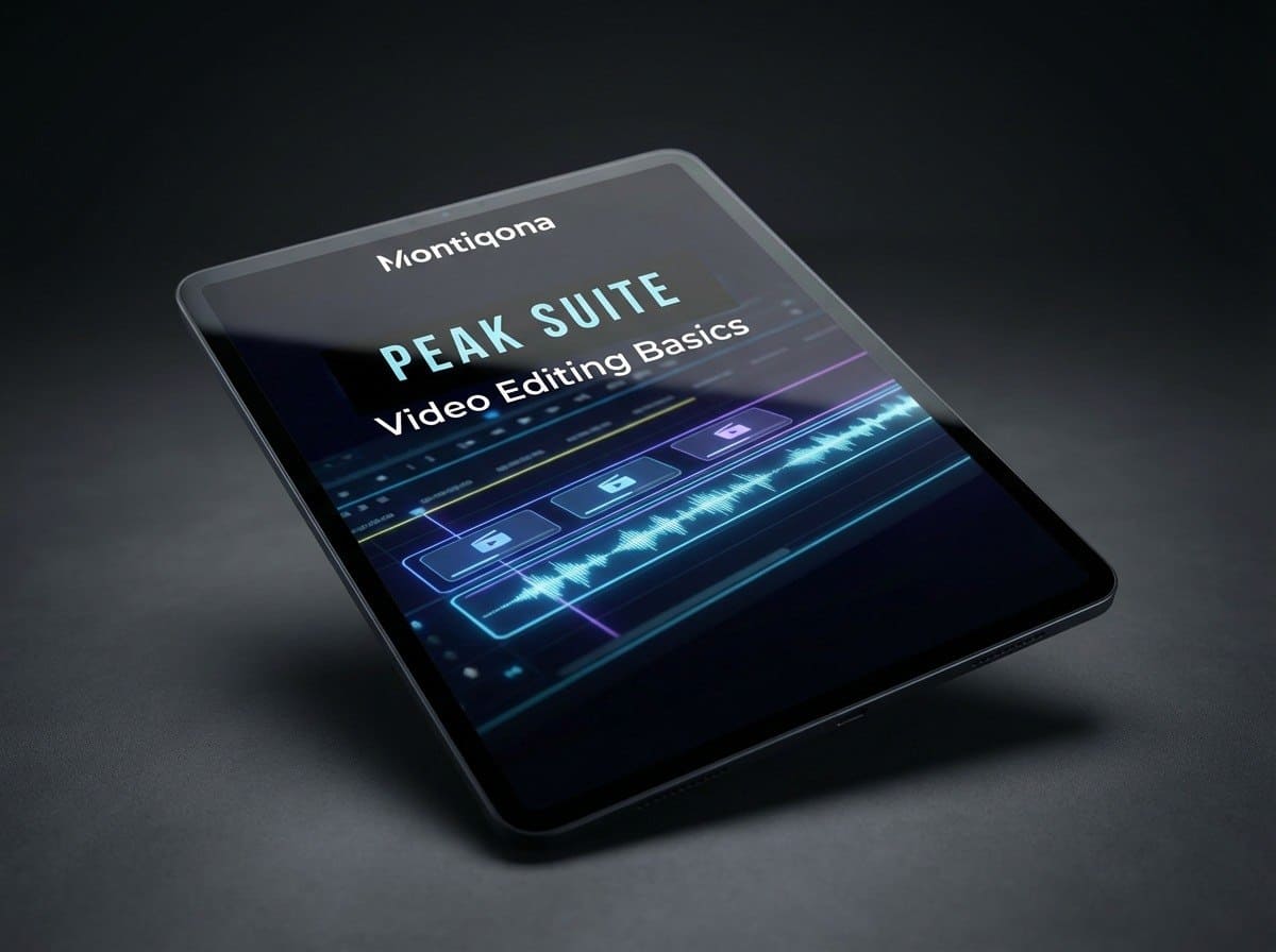 Montlqona Peak Suite video editing basics on a tablet screen with a dark background